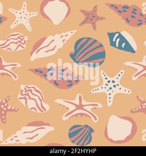 Vector seamless pattern with seashells and starfish on orange background. Design with starfish and shells. Stock Vector