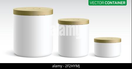 Vector set of different size round ceramic containers, covered with a wooden lid. White canisters for tea, coffee, sugar, flour, or different staff keeping, standing on a light gradient background. Stock Vector