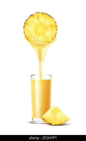 Vector pineapple slice with juice stream and glass isolated on white background Stock Vector