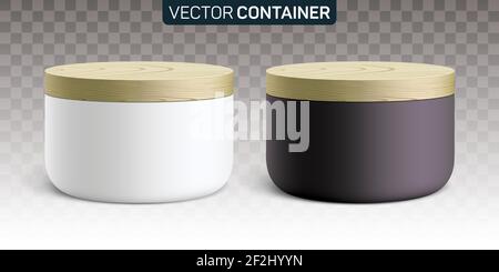 Vector mockup of white and black containers, covered with a wooden cap. Realistic illustration of small size round ceramic or plastic jar, for cosmetics design, isolated on a transparent background. Stock Vector