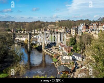 Railway Viaduct across the River Nidd on a blustery spring day in Knaresborough North Yorkshire England Stock Photo