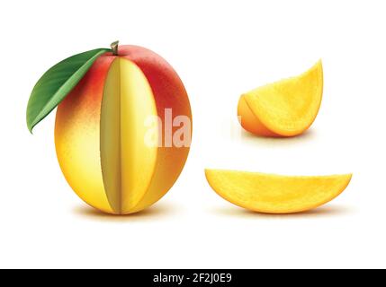 Vector ripe yellow, orange, red slised mango with leaf isolated on white background Stock Vector