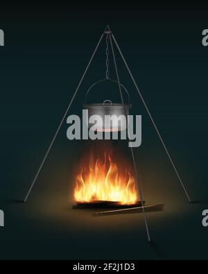 Vector new shiny steel camping pot with lid and handle on bonfire side view Stock Vector