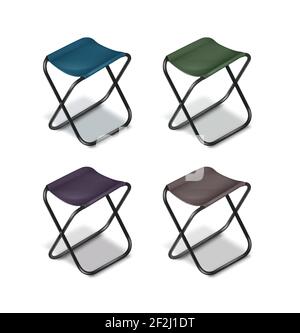 Vector set of picnic folding chairs with black legs and blue, green, grey, violet seats isolated on white background Stock Vector