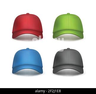 Vector set of realistic red, black, green, blue baseball caps front view isolated on white background Stock Vector
