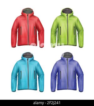 Vector set of blue, green, red, turquoise softshell unisex sport jackets with hood front view isolated on white background Stock Vector