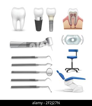 Vector set of different dental objects tools, lamp chair, drill, tooth implant and structure isolated on white background Stock Vector