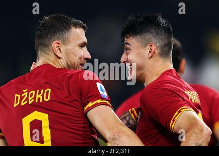 Diego Perotti of Roma celebrates with Edin Dzeko after scoring 2-1 goal during the Italian championship Serie A football match between AS Roma and Spal 2013 on December 15, 2019 at Stadio Olimpico in Rome, Italy - Photo Federico Proietti / DPPI Stock Photo
