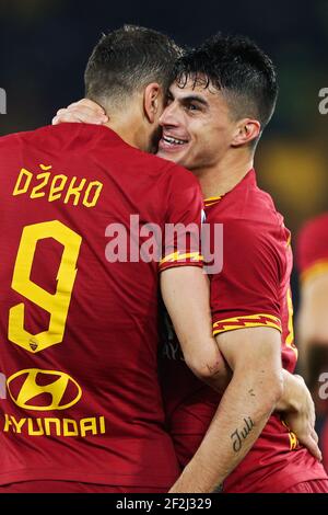 Diego Perotti of Roma celebrates with Edin Dzeko after scoring 2-1 goal during the Italian championship Serie A football match between AS Roma and Spal 2013 on December 15, 2019 at Stadio Olimpico in Rome, Italy - Photo Federico Proietti / DPPI Stock Photo