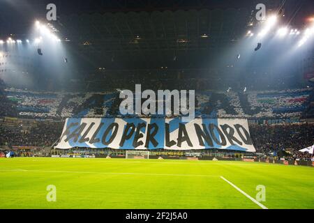 Inter fans make a tifo during the Italian championship Serie A football match between FC Inter Milan and AC Milan on October 15, 2017 at Giuseppe Meazza in Milan, Italy - Photo Morgese - Rossini / DPPI Stock Photo