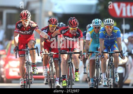 CYCLING - TOUR DE FRANCE 2012 - STAGE 16 - Pau > Bagneres-de-Luchon (197 km) - 18/07/2012 - PHOTO MANUEL BLONDEAU / DPPI - BMC RACING TEAM TEAMRIDER CADEL EVANS OF AUSTRALIA, BMC RACING TEAM TEAMRIDER GEORGE HINCAPIE OF USA AND BMC RACING TEAM TEAMRIDER AMAEL MOINARD OF FRANCE Stock Photo