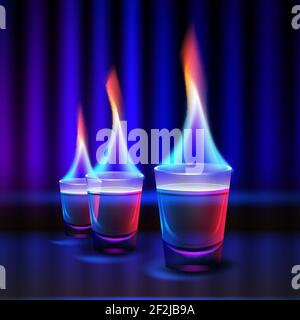 Vector burning cocktail shots with colored fire and blue, red backlight isolated on blur dark illuminated background Stock Vector