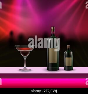 Vector alcoholic cocktail and two bottles on bar counter with bright pink backlight on blur night club background Stock Vector
