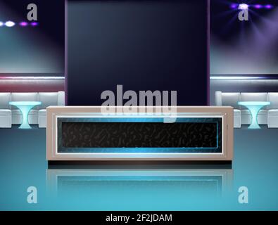 Vector empty night club interior in blue, turquoise, violet colors with bar counter, chairs and tables Stock Vector