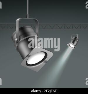 Vector ceiling illuminated spotlights close up side view isolated on dark grey background Stock Vector