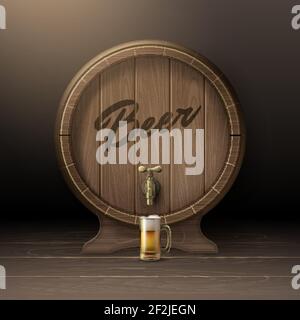 Vector old wooden barrel on rack with bronze stopcock and glass mug of beer front view isolated on background Stock Vector