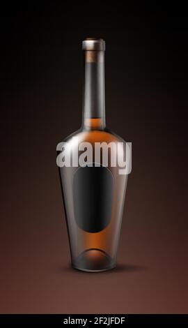 Vector shiny brown glass bottle of cognac brandy with oval black label front view isolated on dark background Stock Vector