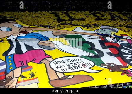 Fans of Inter make a tifo during the Italian championship Serie A football match between Internazionale and Juventus on April 28, 2018 at San Siro stadium in Milan, Italy - Photo Morgese - Rossini / DPPI Stock Photo