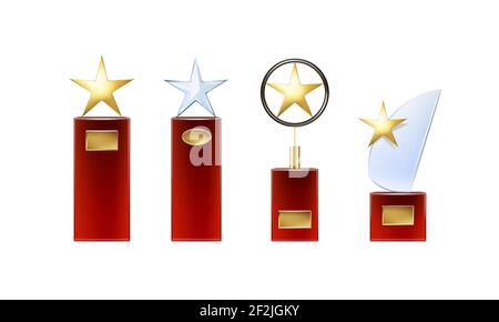 Vector different golden, glass star trophies with big red base and golden signboards for copyspace front view isolated on white background Stock Vector