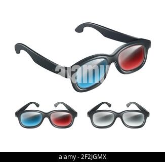 Vector set of black plastic 3d glasses in perspective isolated on gray background Stock Vector