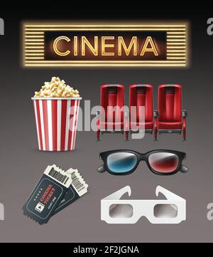 Vector different movie theater stuff red armchairs, 3d glasses, tickets, bucket of popcorn, illuminated cinema signboard top, side view isolated on da Stock Vector