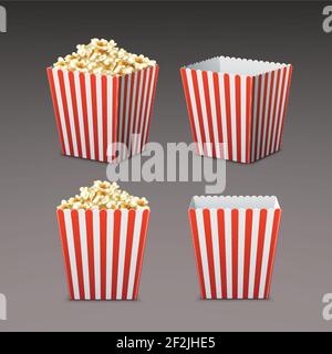 Vector set of white and red striped paper popcorn bag in perspective, front view isolated on gray background Stock Vector