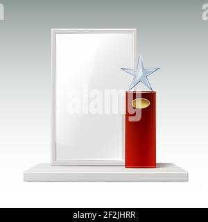 Vector glass star trophy with big red base, golden signboard and blank frame for copyspace front view isolated on white background Stock Vector