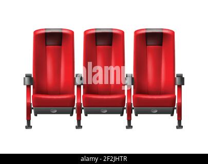 Vector realistic row of red cinema seats front view close up isolated on white background Stock Vector