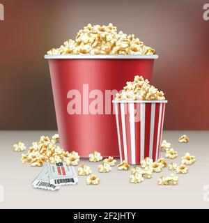 Vector two white and red striped buckets of popcorn kernels with cinema tickets close up side view on blur background Stock Vector