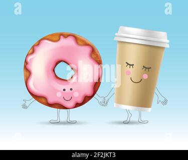 Vector donut and coffee cup characters with smiling faces holding hands Stock Vector