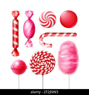 Vector set of different sweets in pink, red striped foil wrappers, swirl lollipops, xmas cane and cotton candy isolated on white background Stock Vector