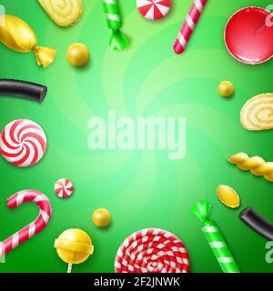 Vector candy flat lay with different sweets in red, yellow striped foil wrappers, swirl lollipops, xmas cane and copyspace top view on green backgroun Stock Vector