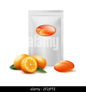 Vector blank pack of orange citrus candies with kumquat fruit close up front view isolated on white background Stock Vector
