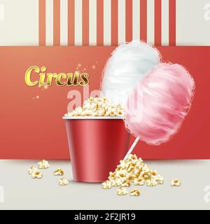 Vector big red bowl of popcorn with pink, white cotton candy and circus sign Stock Vector