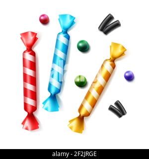 Vector set of different scattered candies in striped colorful yellow, blue, red foil wrapper top view isolated on white background Stock Vector