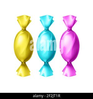 Vector candies in blank colorful yellow, cyan, magenta foil wrapper top view isolated on white background Stock Vector