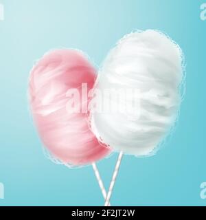 Vector pink, white cotton candy on stick isolated on blue background Stock Vector
