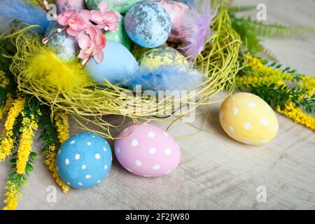 Happy Easter. Congratulatory easter background. Background with copy space. Selective focus. Horizontal. Stock Photo