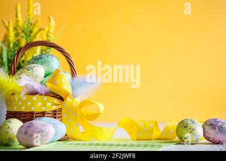 Happy Easter. Congratulatory easter background. Background with copy space. Selective focus. Horizontal. Stock Photo