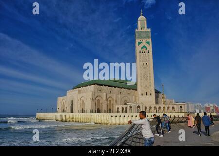 Casablanca,  Morocco - March 2, 2020 : The beautiful mosque Hassan 2 next to the sea in Casablanca Morocco