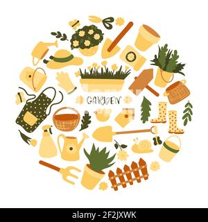 Cute Gerden Tools Set. Collection of green and yellow isolated farm icons. Hand drawn flat vector illustration in round shape. Stock Vector