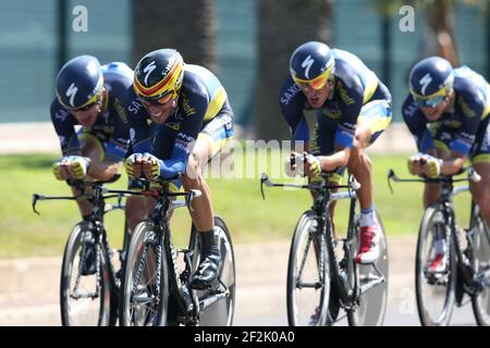 CYCLING - UCI WORLD TOUR - TOUR DE FRANCE 2013 - STAGE 4 - TEAM TIME TRIAL - Nice - Nice (25 km) - 02/07/2013 - PHOTO MANUEL BLONDEAU / DPPI - ALBERTO CONTADOR OF SPAIN (2ND FROM L) AND HIS SAXO-TINKOFF TEAMMATES COMPETE DURING THE 25KM TEAM TIME-TRIAL Stock Photo