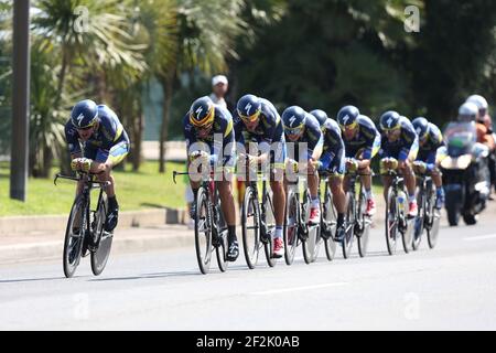 CYCLING - UCI WORLD TOUR - TOUR DE FRANCE 2013 - STAGE 4 - TEAM TIME TRIAL - Nice - Nice (25 km) - 02/07/2013 - PHOTO MANUEL BLONDEAU / DPPI - ALBERTO CONTADOR OF SPAIN (2ND FROM L) AND HIS SAXO-TINKOFF TEAMMATES COMPETE DURING THE 25KM TEAM TIME-TRIAL Stock Photo