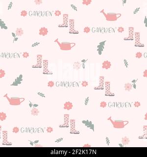 Cute pink garden seamless pattern. Spring flowers, pink boots, green leaves, watering can. Beautiful summer print. Flat hand drawn vector illustration Stock Vector