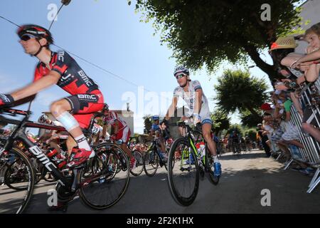 CYCLING - UCI WORLD TOUR - TOUR DE FRANCE 2013 - STAGE 9 - Saint-Girons - Bagneres-de-Bigorre (165 km) - 07/07/2013 - PHOTO MANUEL BLONDEAU / DPPI - TEJAY VAN GARDEREN OF USA AND TEAM BMC-RACING-TEAM (L) AND ROY CURVERS OF NETHERLANDS AND TEAM ARGOS-SHIMANO ARE PICTURED AFTER THE STARTING LINE Stock Photo