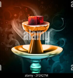 Vector hookah hot coals on shisha bowl with steam on colorful background close up front view Stock Vector