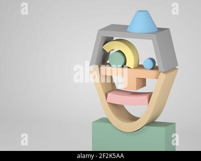 Surreal face, geometric installation. Abstract equilibrium still life in shape of smiling man made of colorful primitive shapes. 3d rendering illustra Stock Photo