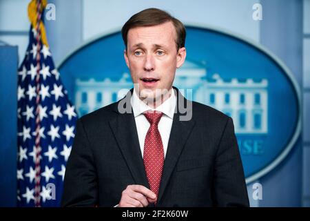 National Security Advisor Jake Sullivan speaks at a news briefing at the White House in Washington, DC, USA. 11th Mar, 2021. Credit: Sipa USA/Alamy Live News Stock Photo