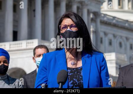 United States Representative Rashida Tlaib (Democrat of Michigan) offers remarks during a press conference regarding rent and mortgage cancellation at the U.S. Capitol in Washington, DC, Thursday, March 11, 2021. Credit: Rod Lamkey/CNP | usage worldwide Stock Photo