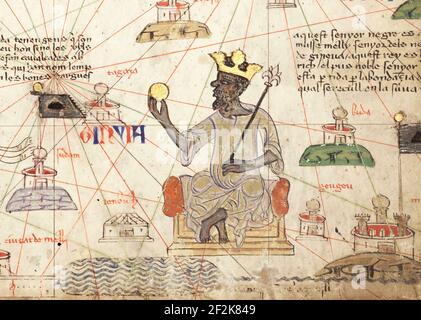 Mansa Musa. Detail from the Catalan Atlas showing the emperor of the Mali Empire, Musa I (c. 1280 - c. 1337 ) sitting on a throne and holding a gold coin; pen with coloured inks on parchment, 1375 Stock Photo